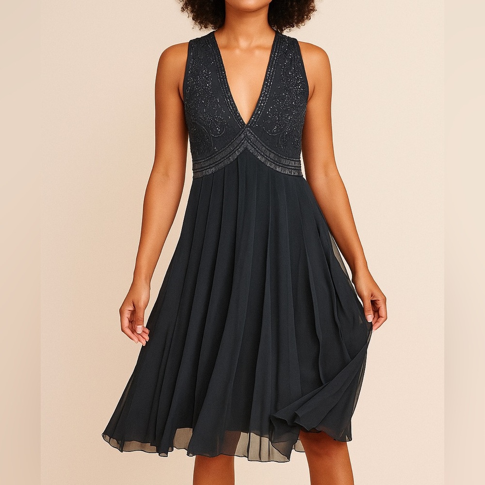 Mix It Women’s Elegant Beaded Sheer Sleeveless Midi Dress – Black, Size 8